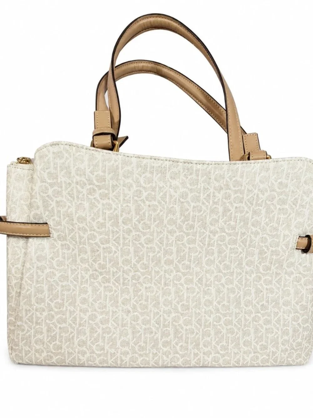 Calvin Klein CK Monogram Beige Tan Shoulder Bag Satchel Purse Gold Hardware